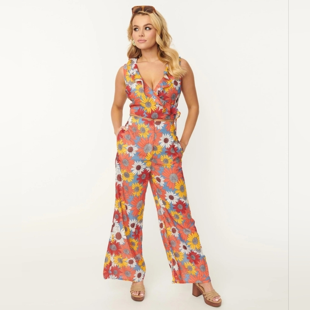 Unique vintage Floral Wrap Top and Flare pants set NWOT